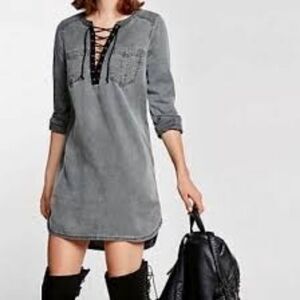 Express Chambray Gray Lace Front Shirt Dress S